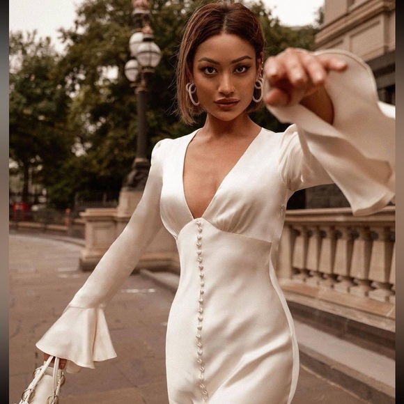 Shona Joy La Lune Frill Cuff Bias Midi Dress - Cream - Picture 5 of 10